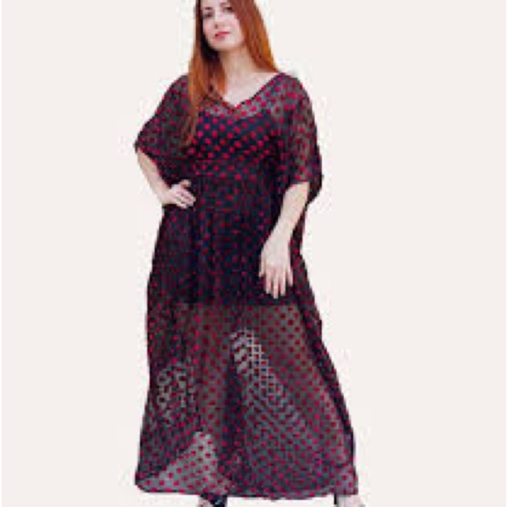 Unique Vintage - Chic Red and Black Sheer Maxi Dress Caftan